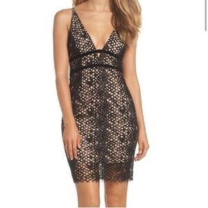 NWOT BARDOT | Serpentine Lace Deep V Neck Nude‎ Black Mini Cocktail Dress 4 XS